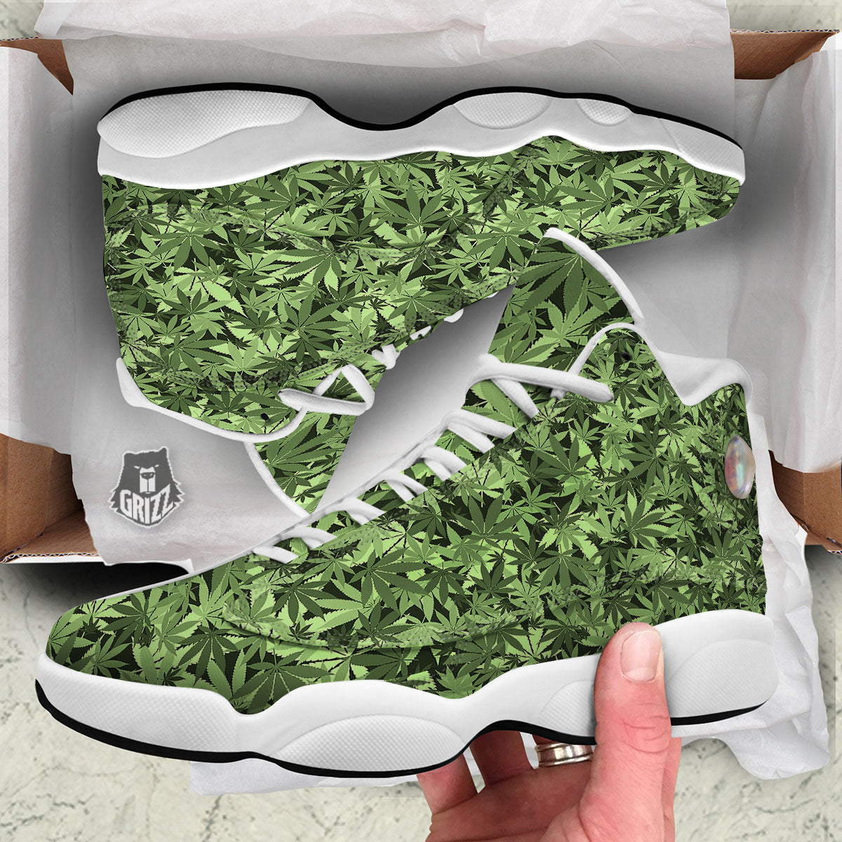 Cannabis Leaf Green Print Pattern White Basketball Shoes-grizzshop