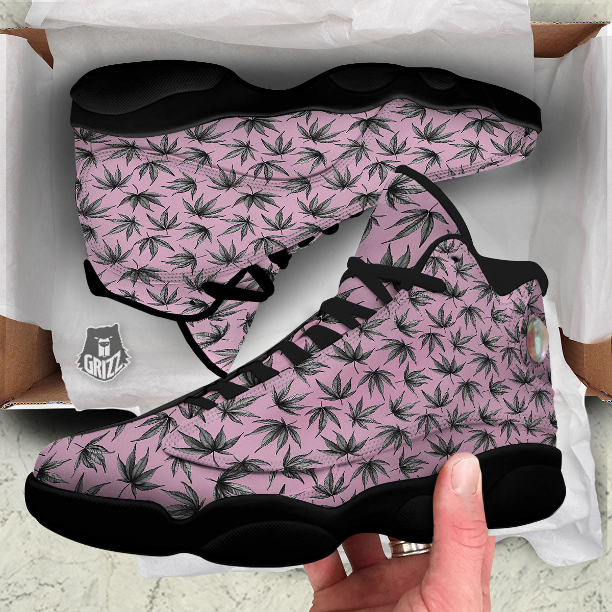 Cannabis Leaf Pink And Green Print Black Basketball Shoes-grizzshop