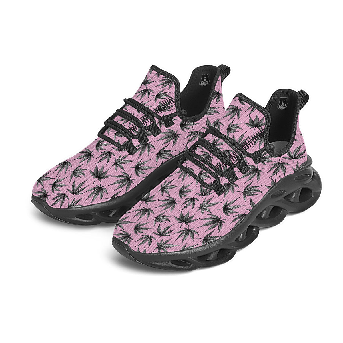 Cannabis Leaf Pink And Green Print Black Running Shoes-grizzshop