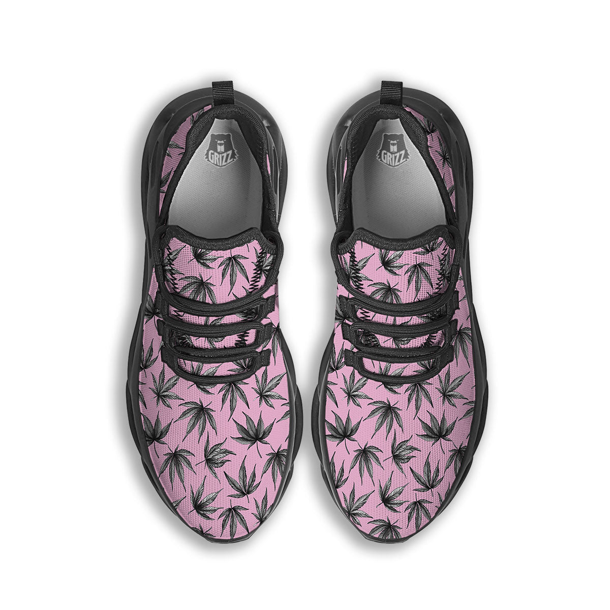 Cannabis Leaf Pink And Green Print Black Running Shoes-grizzshop