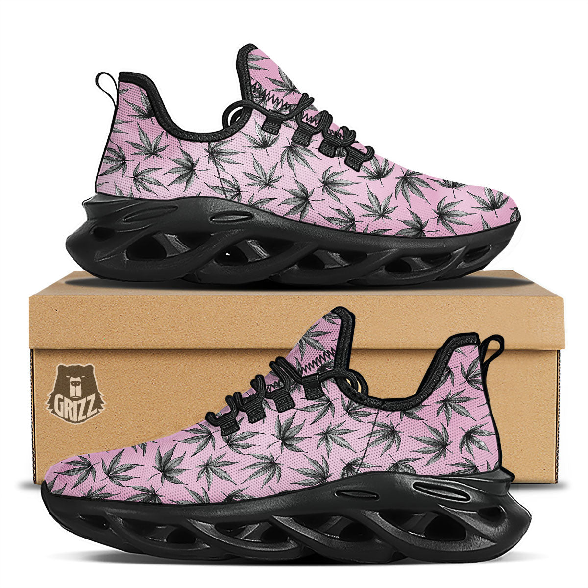 Cannabis Leaf Pink And Green Print Black Running Shoes-grizzshop