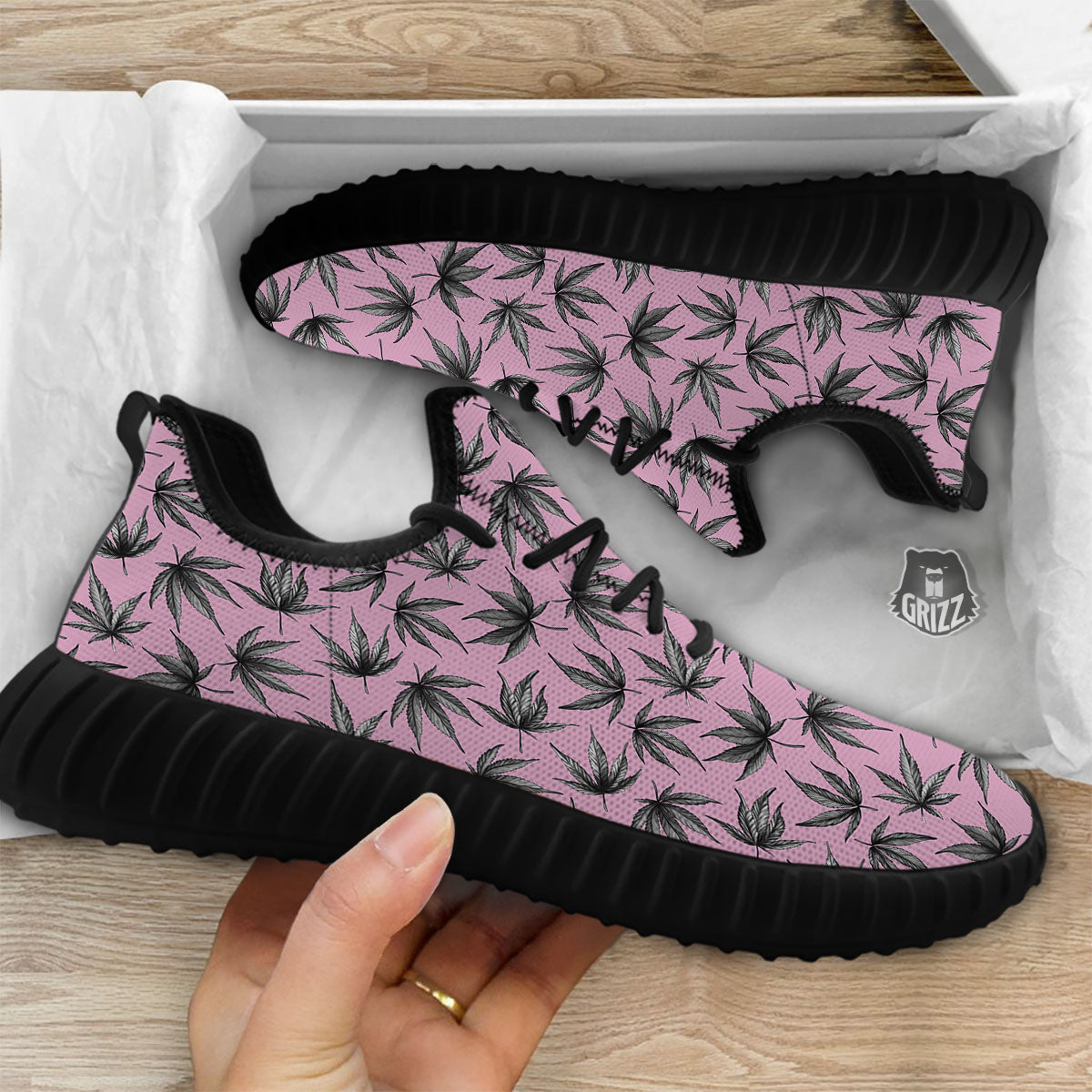 Cannabis Leaf Pink And Green Print Black Walking Shoes-grizzshop