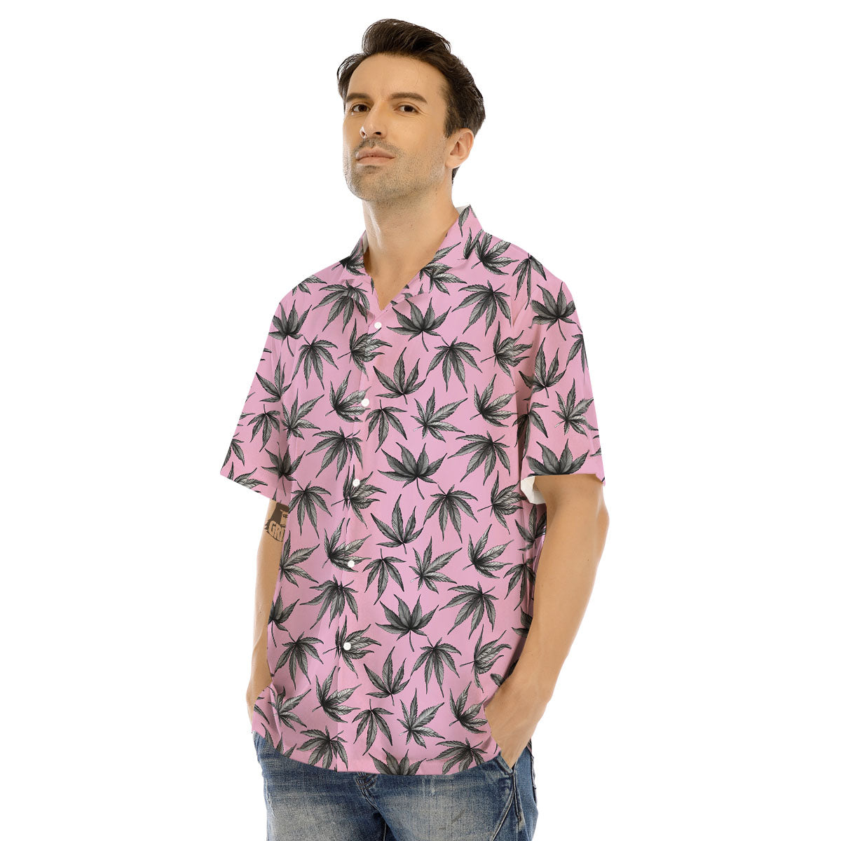 Cannabis Leaf Pink And Green Print Men's Hawaiian Shirt-grizzshop