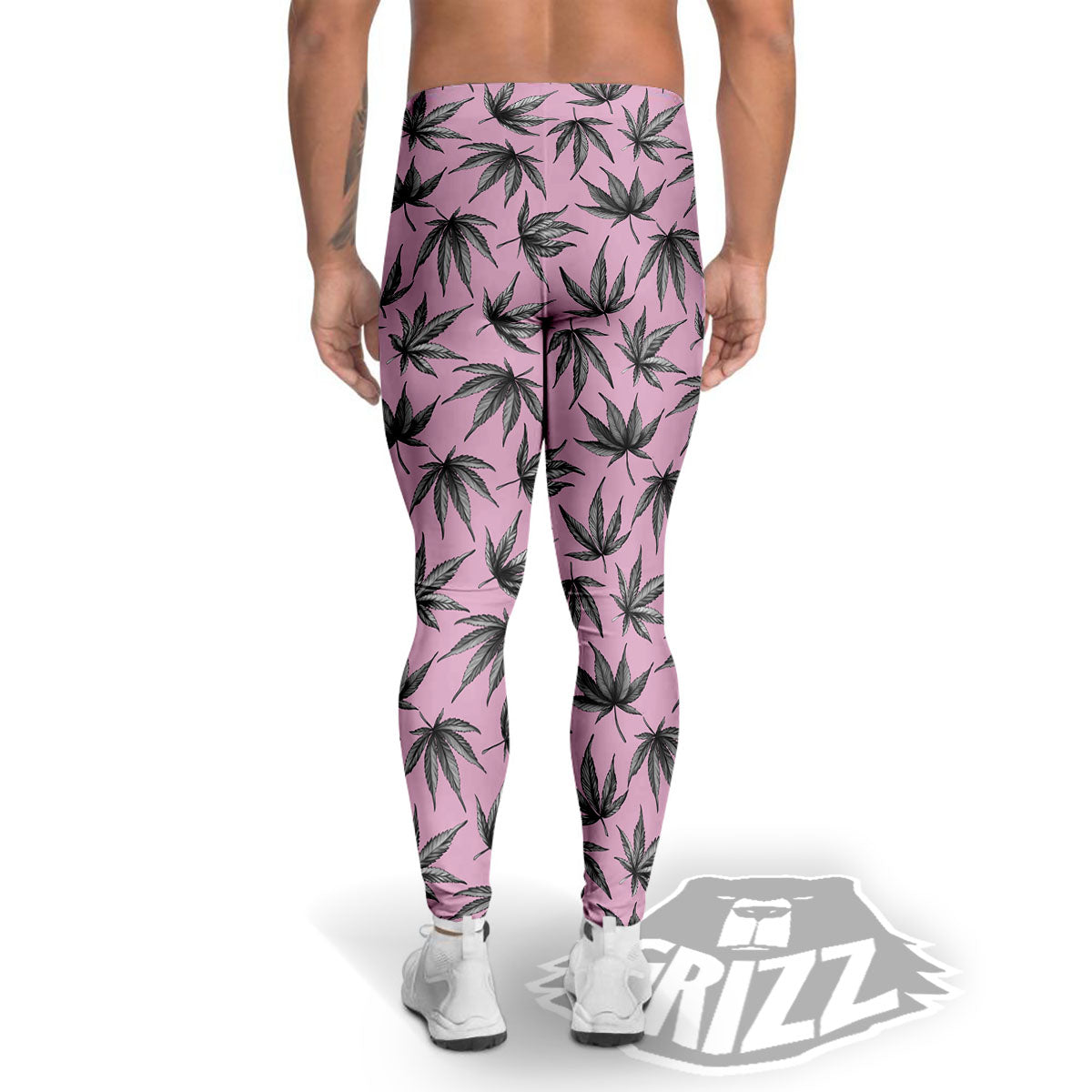 Cannabis Leaf Pink And Green Print Men's Leggings-grizzshop