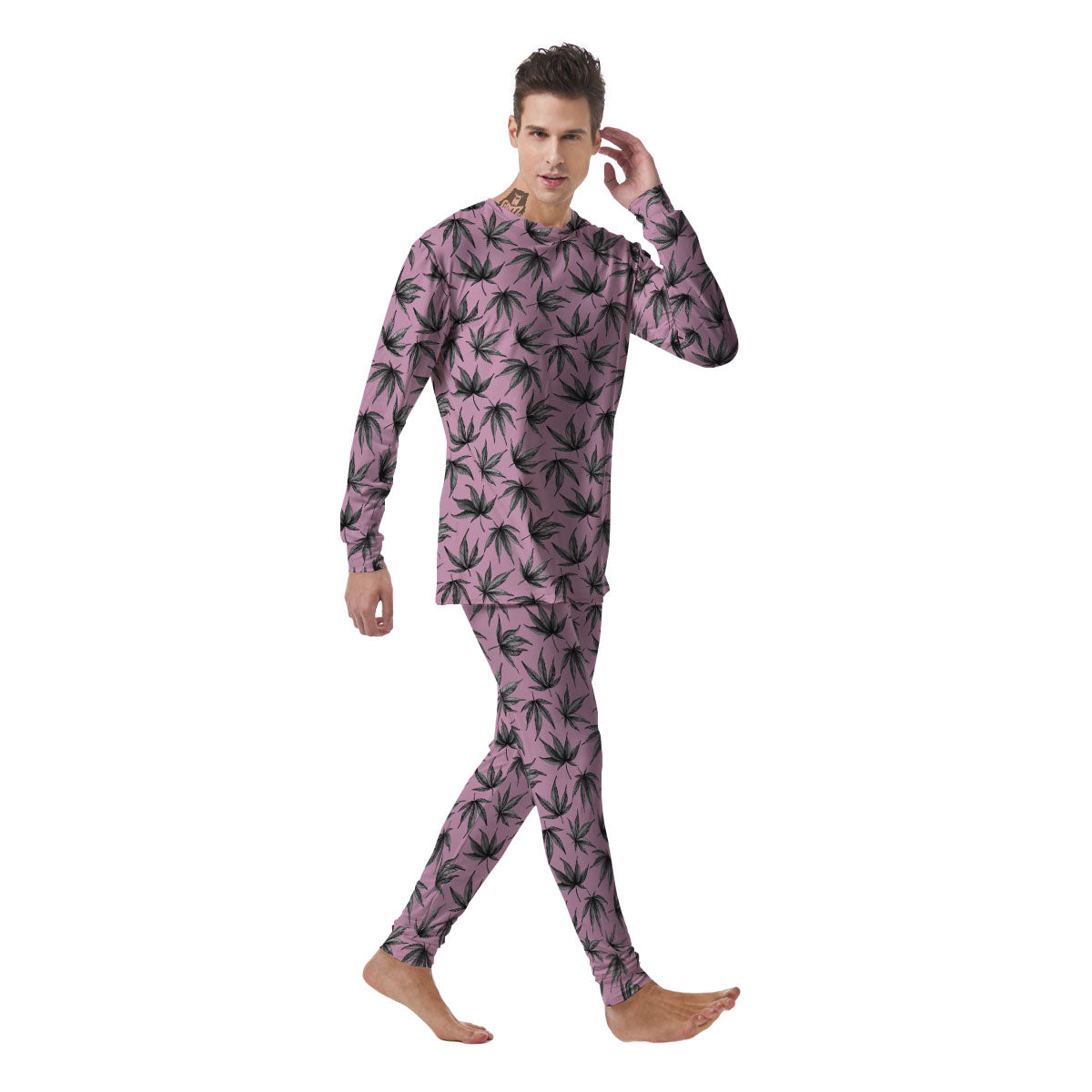 Cannabis Leaf Pink And Green Print Men's Pajamas-grizzshop