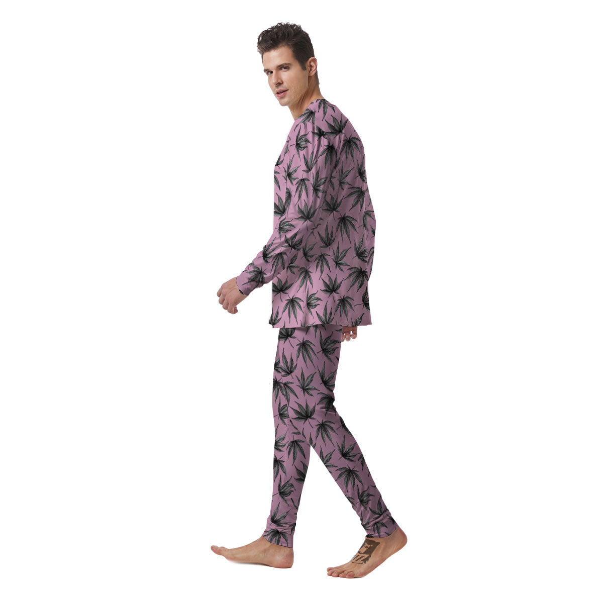 Cannabis Leaf Pink And Green Print Men's Pajamas-grizzshop