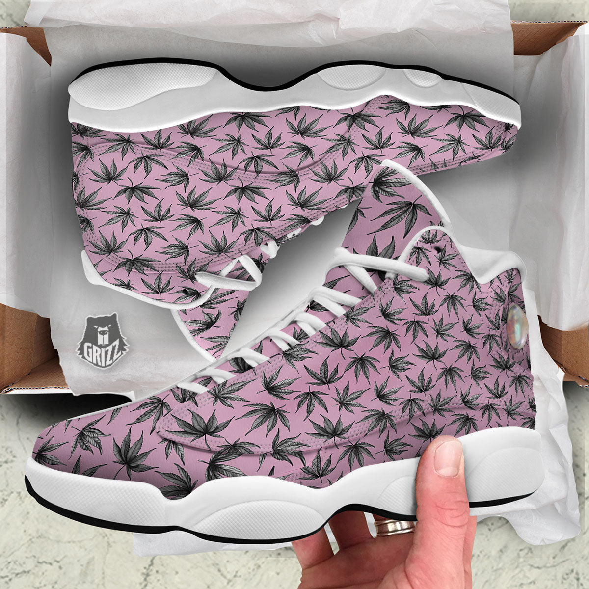 Cannabis Leaf Pink And Green Print White Basketball Shoes-grizzshop