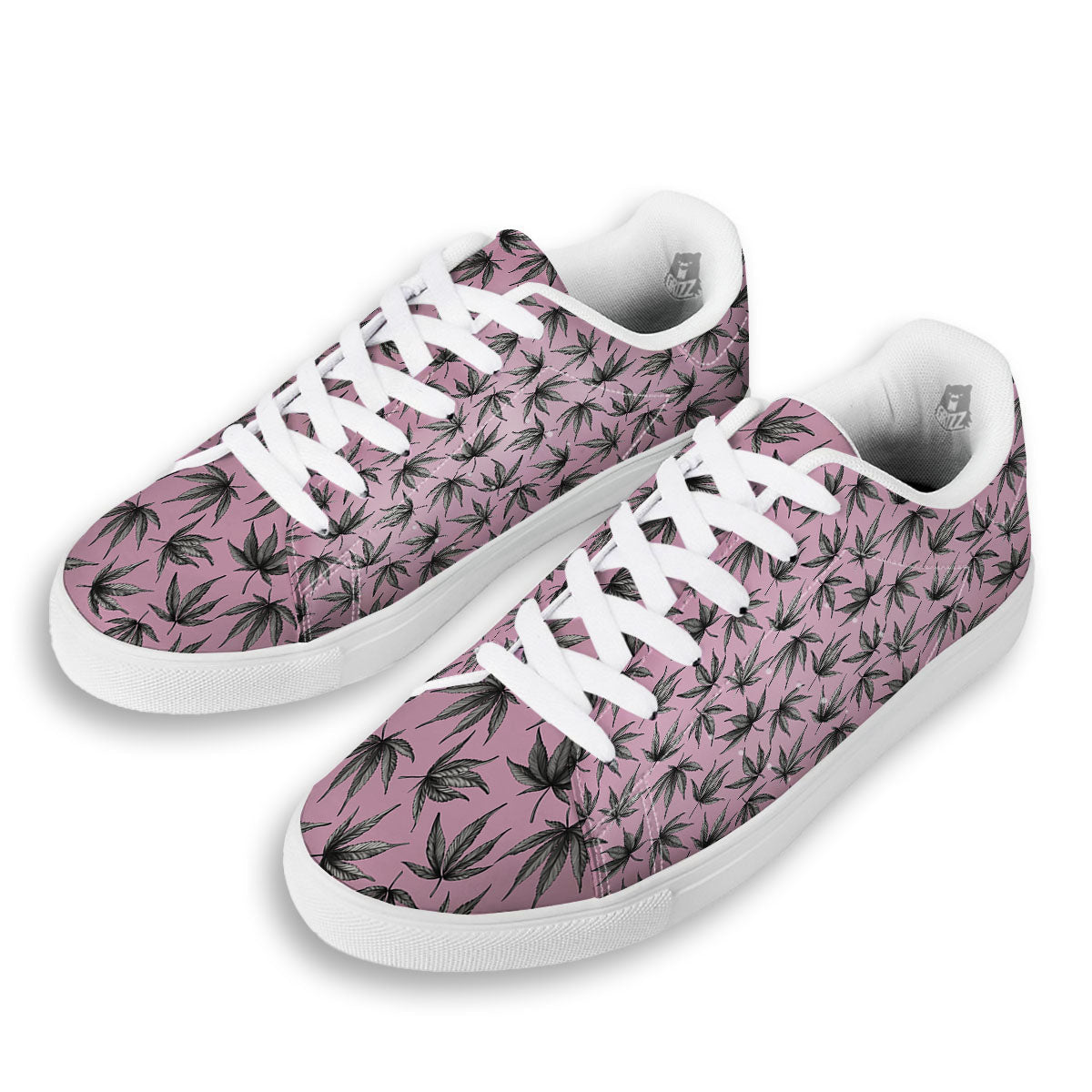 Cannabis Leaf Pink And Green Print White Low Top Sneakers-grizzshop