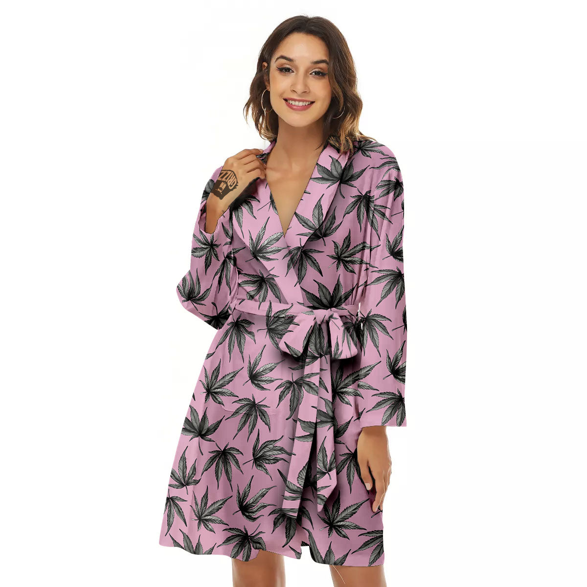 Cannabis Leaf Pink And Green Print Women's Robe-grizzshop