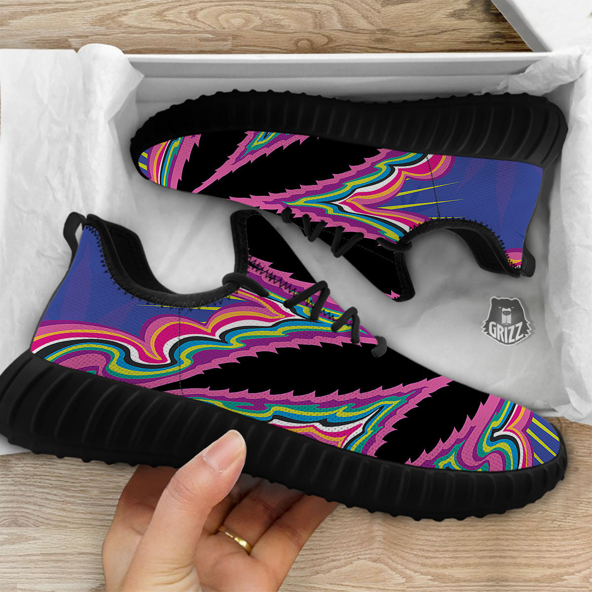 Cannabis Leaf Psychedelic Print Black Walking Shoes-grizzshop