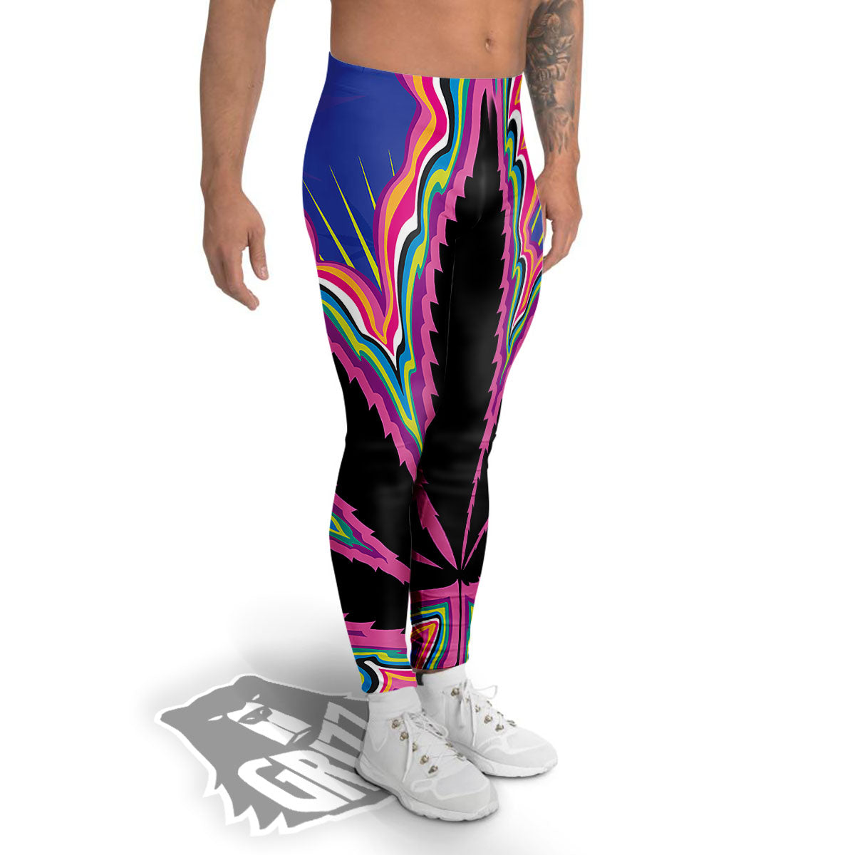 Cannabis Leaf Psychedelic Print Men's Leggings-grizzshop