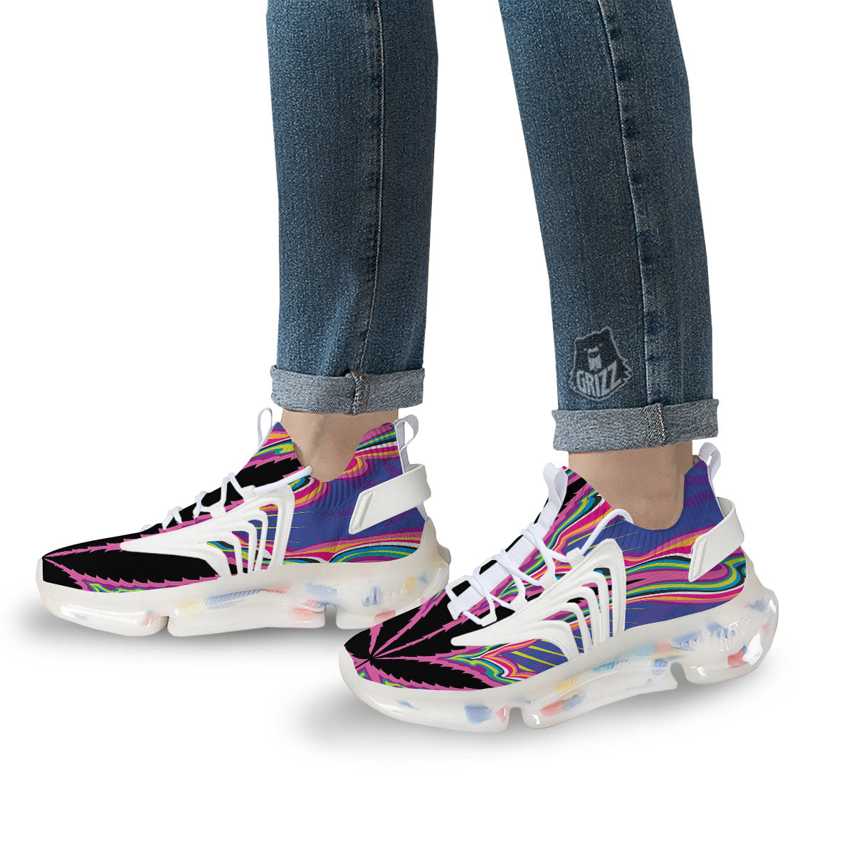 Cannabis Leaf Psychedelic Print White Gym Shoes-grizzshop