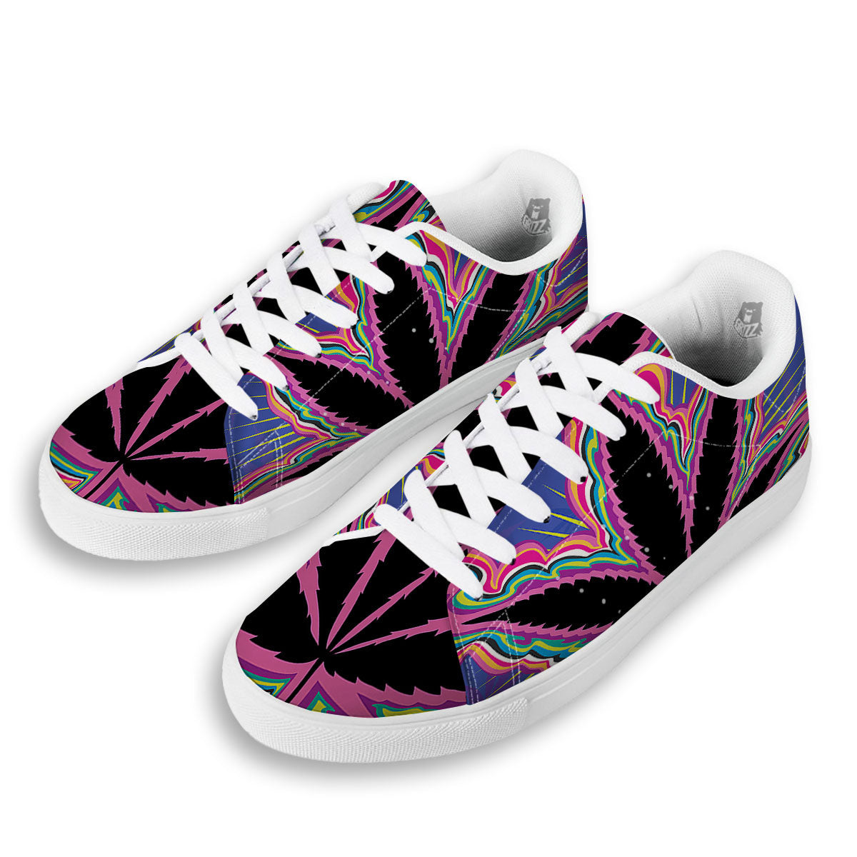 Cannabis Leaf Psychedelic Print White Low Top Sneakers-grizzshop