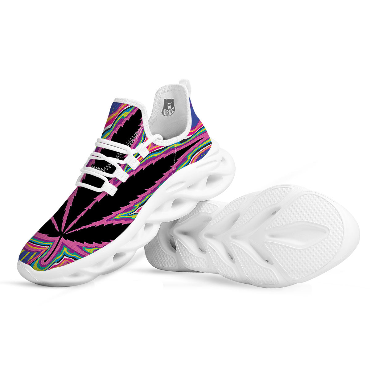 Cannabis Leaf Psychedelic Print White Running Shoes-grizzshop