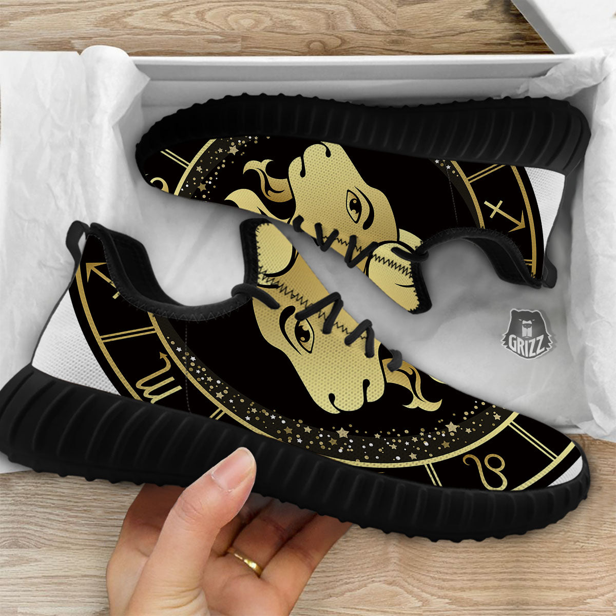 Capricorn Sign Black And Gold Print Black Walking Shoes-grizzshop