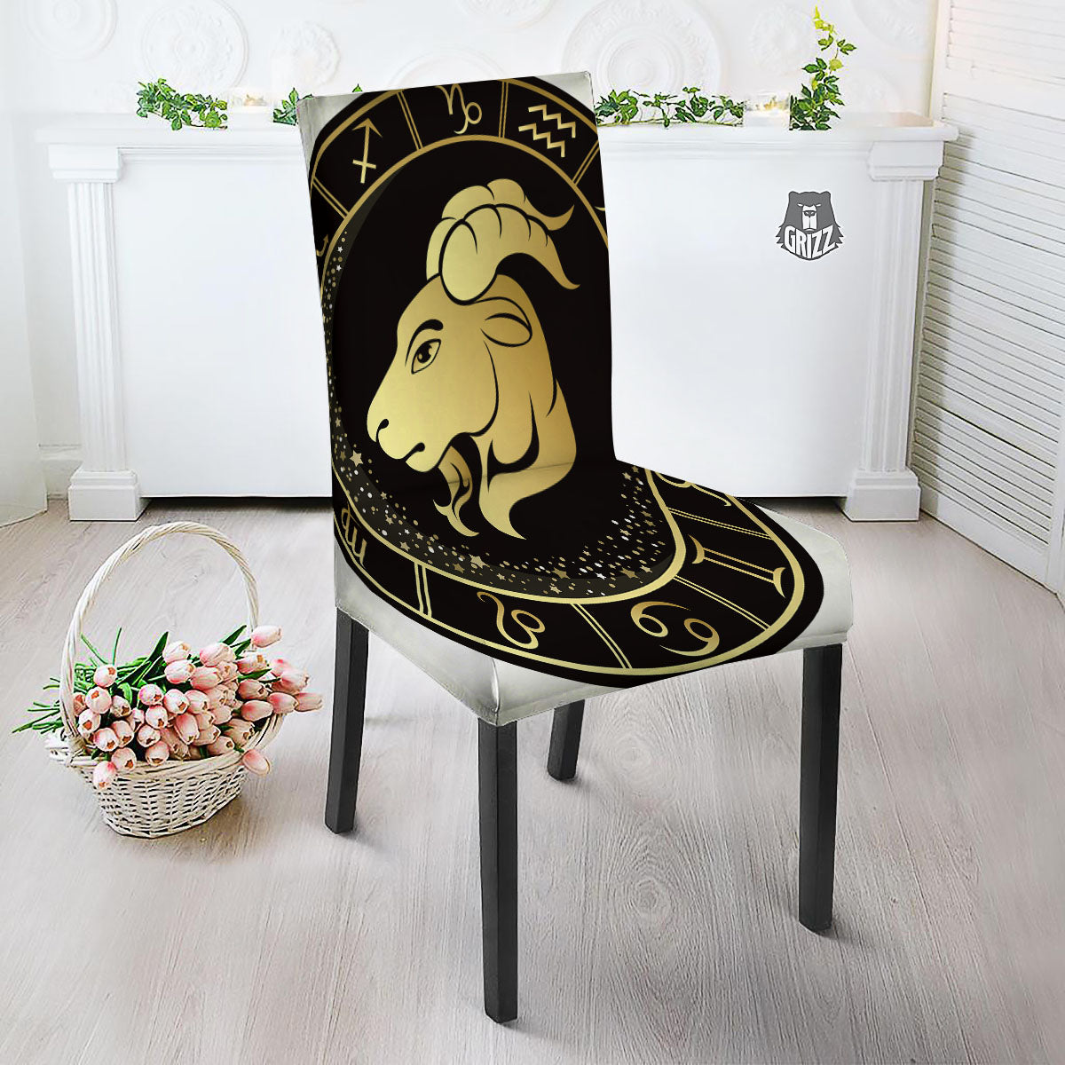 Capricorn Sign Black And Gold Print Dining Chair Slipcover-grizzshop