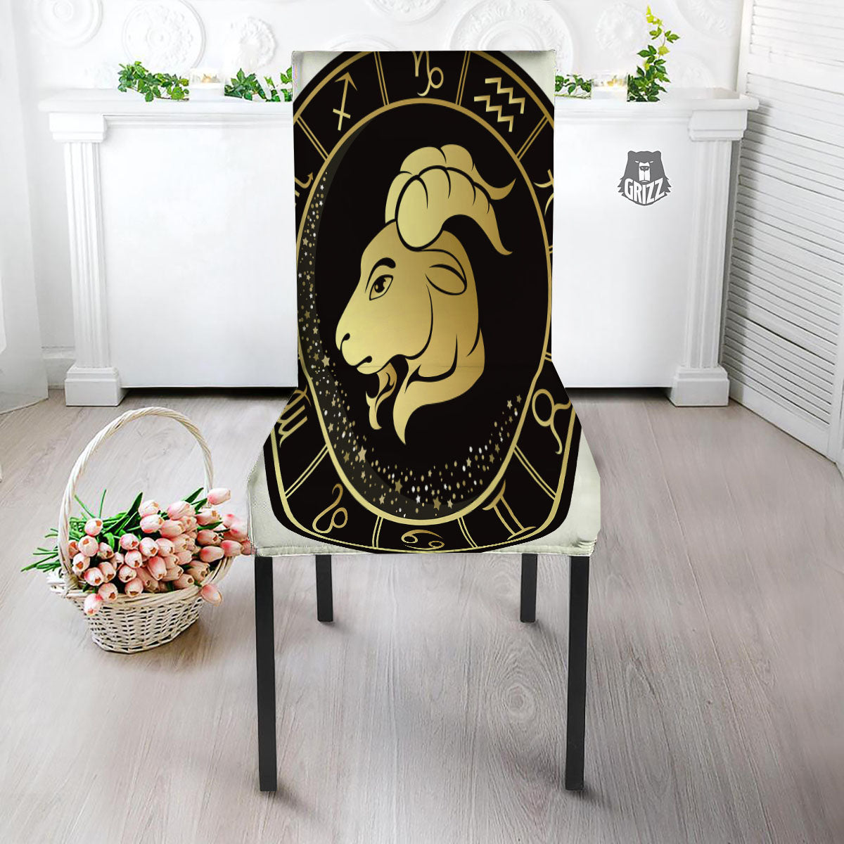 Capricorn Sign Black And Gold Print Dining Chair Slipcover-grizzshop