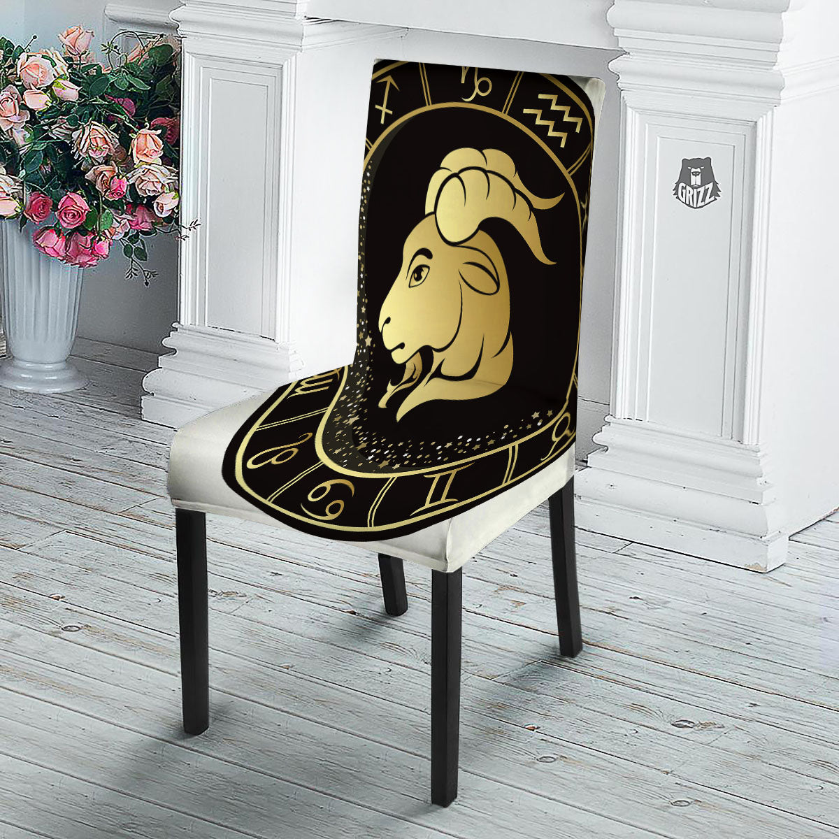 Capricorn Sign Black And Gold Print Dining Chair Slipcover-grizzshop
