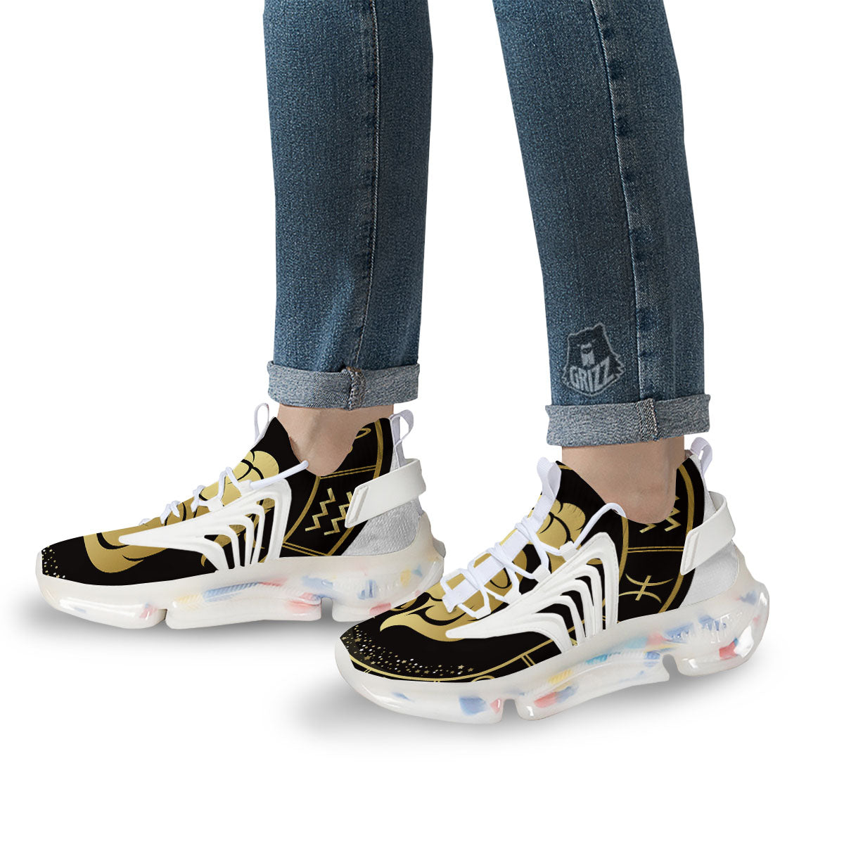 Capricorn Sign Black And Gold Print White Gym Shoes-grizzshop