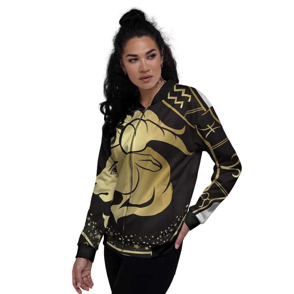 Capricorn Sign Black And Gold Print Women's Bomber Jacket-grizzshop