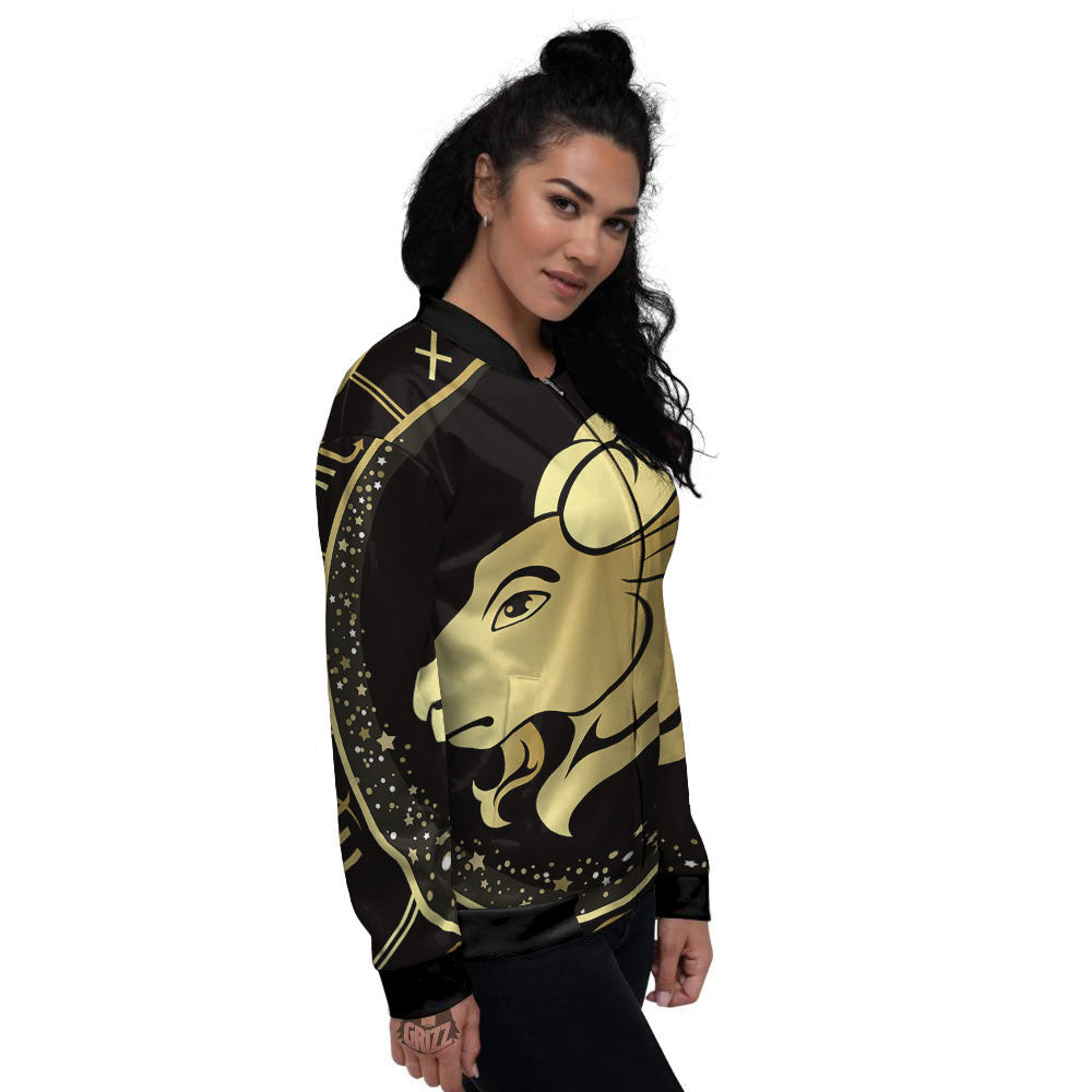 Capricorn Sign Black And Gold Print Women's Bomber Jacket-grizzshop