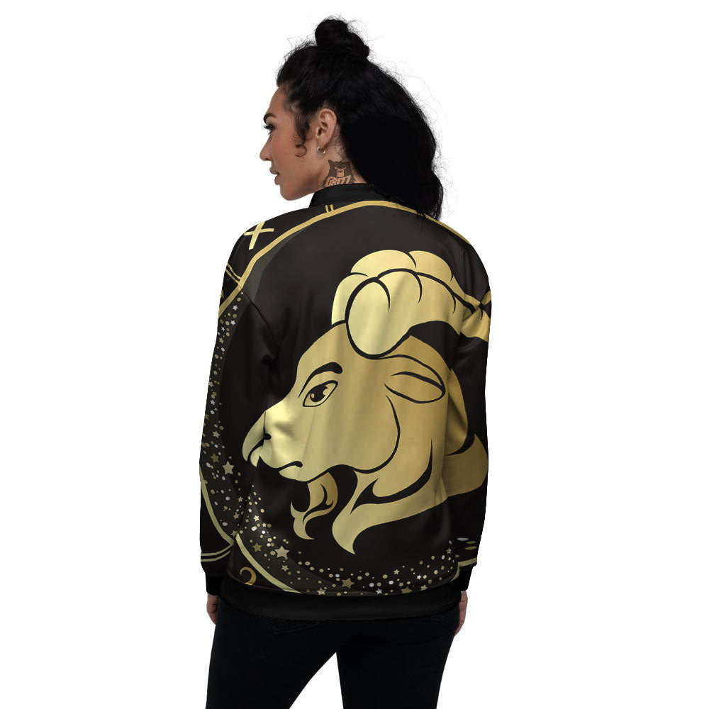 Capricorn Sign Black And Gold Print Women's Bomber Jacket-grizzshop