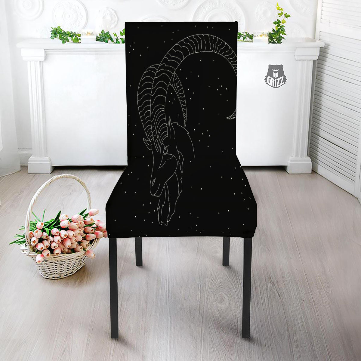 Capricorn Sign White And Black Print Dining Chair Slipcover-grizzshop