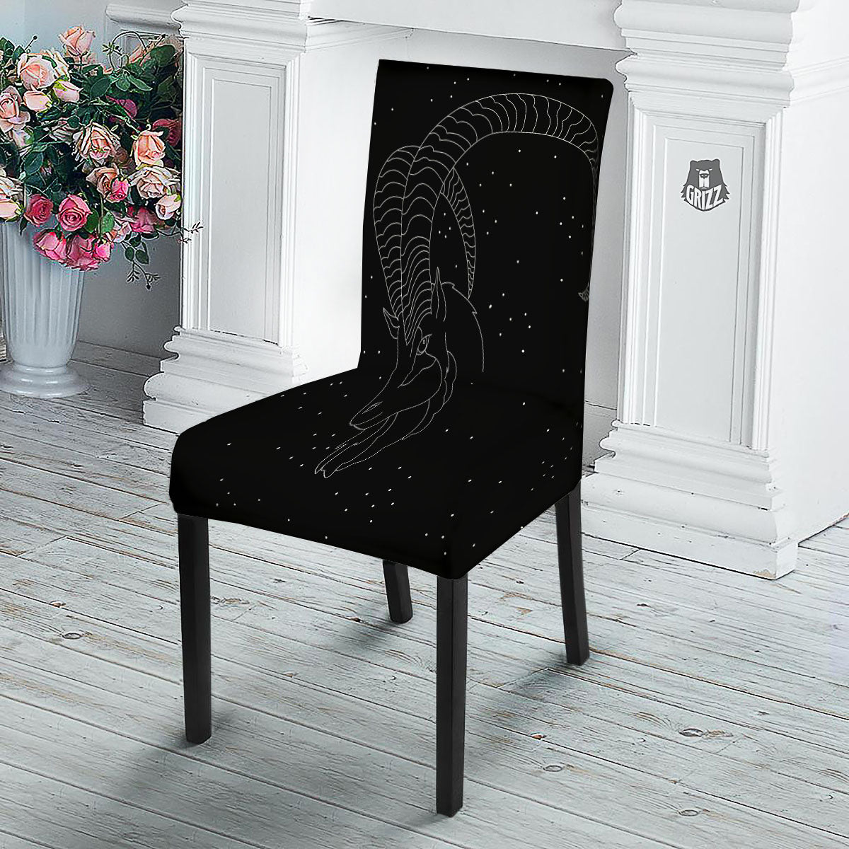 Capricorn Sign White And Black Print Dining Chair Slipcover-grizzshop