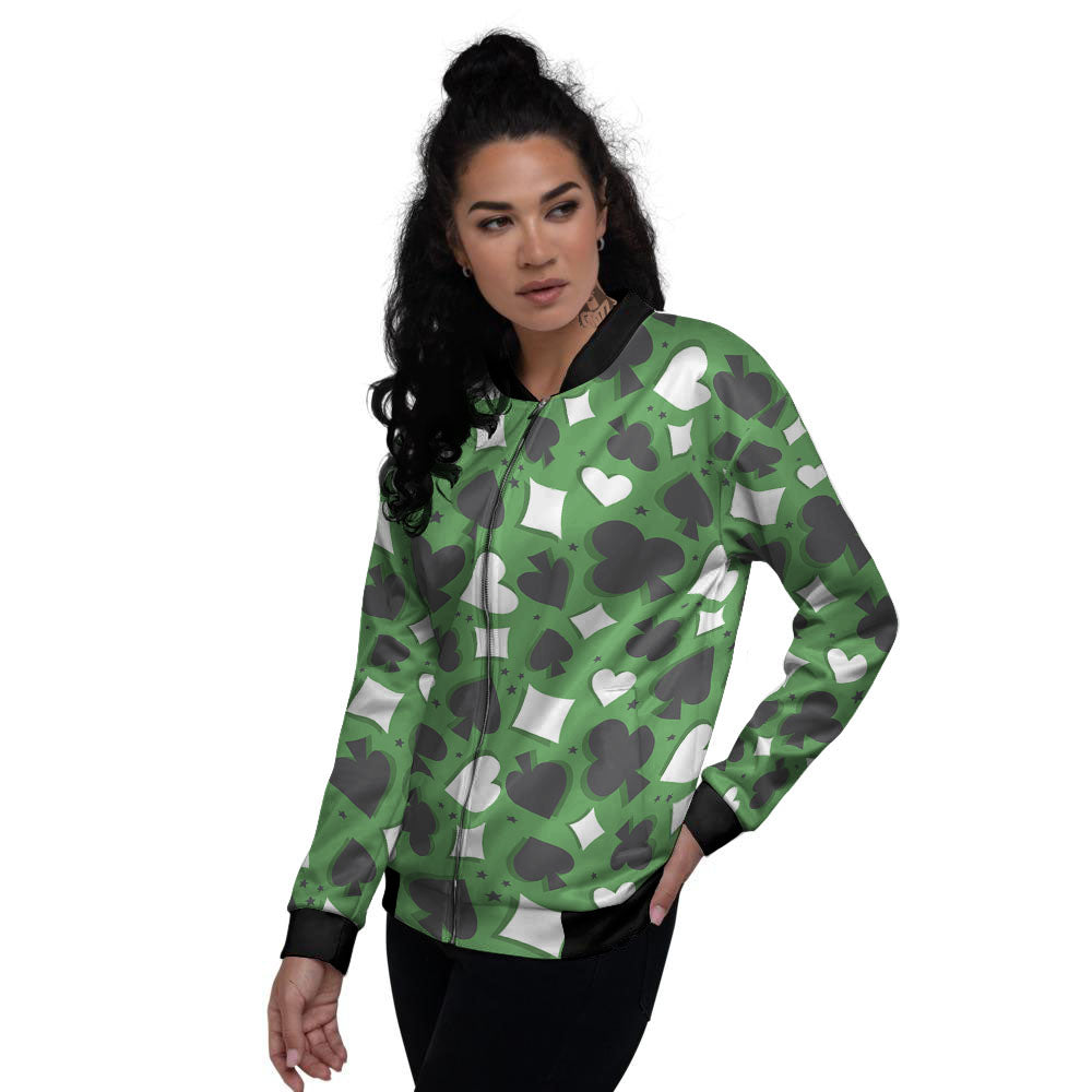 Card Suits Green Playing Print Pattern Women's Bomber Jacket-grizzshop