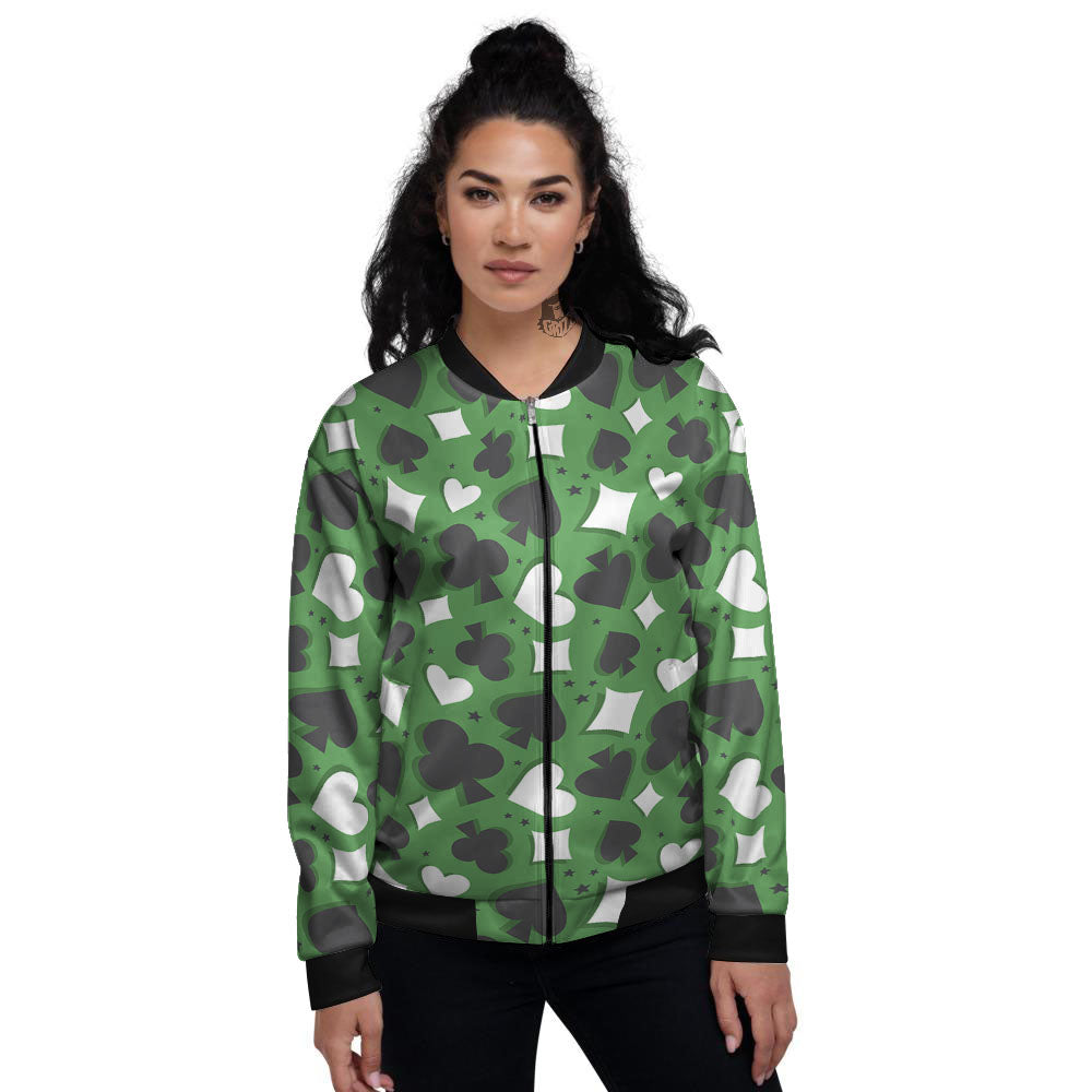 Card Suits Green Playing Print Pattern Women's Bomber Jacket-grizzshop