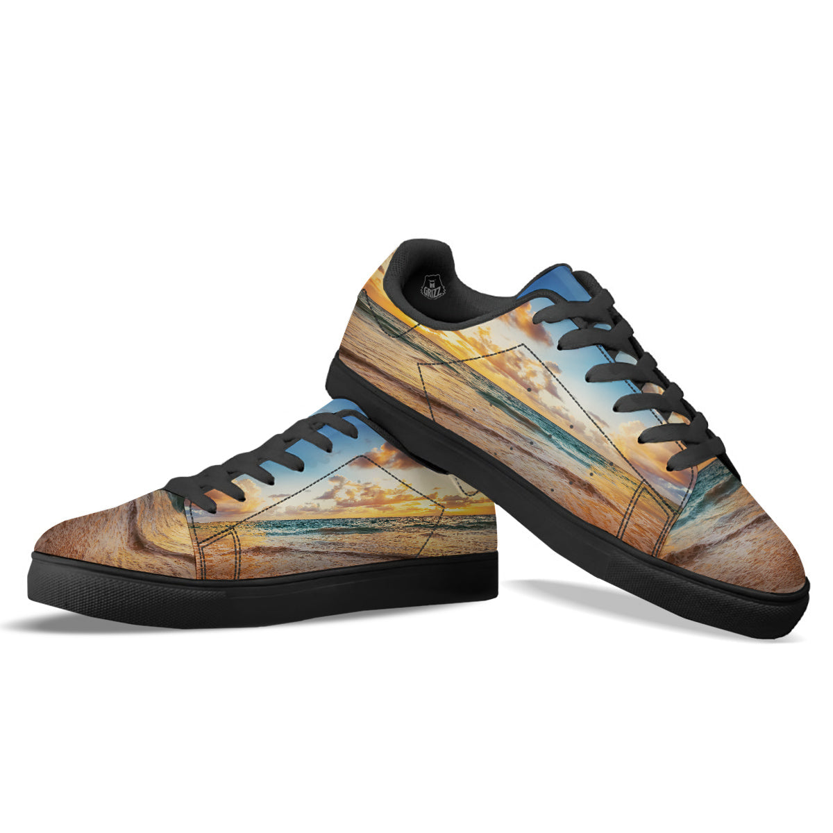Caribbean Ocean Print Black Low Top Sneakers-grizzshop