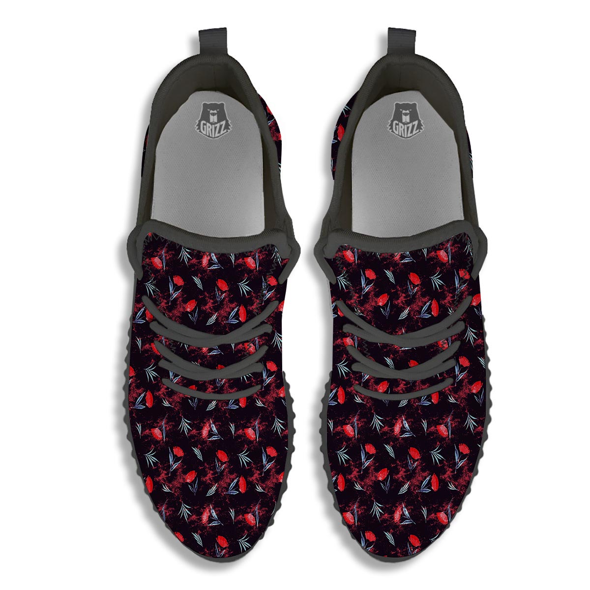Carnation Black And Red Print Pattern Black Walking Shoes-grizzshop