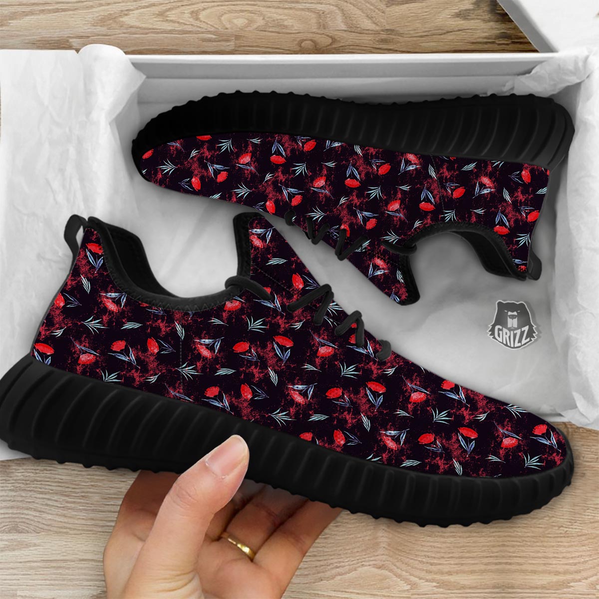 Carnation Black And Red Print Pattern Black Walking Shoes-grizzshop