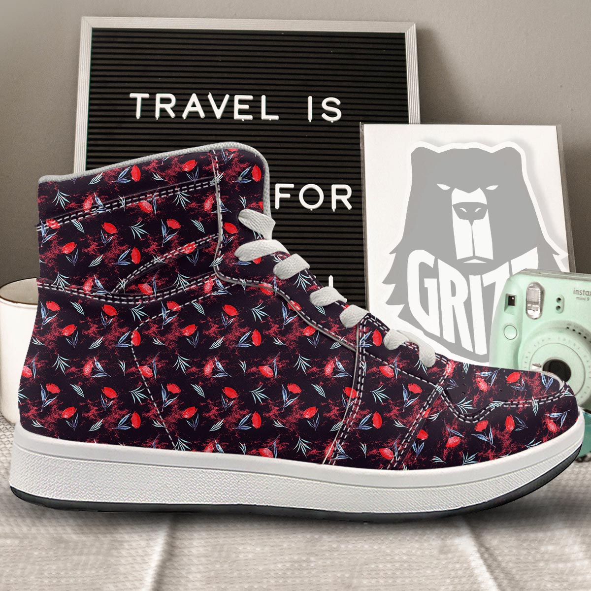 Carnation Black And Red Print Pattern High Top Sneakers-grizzshop