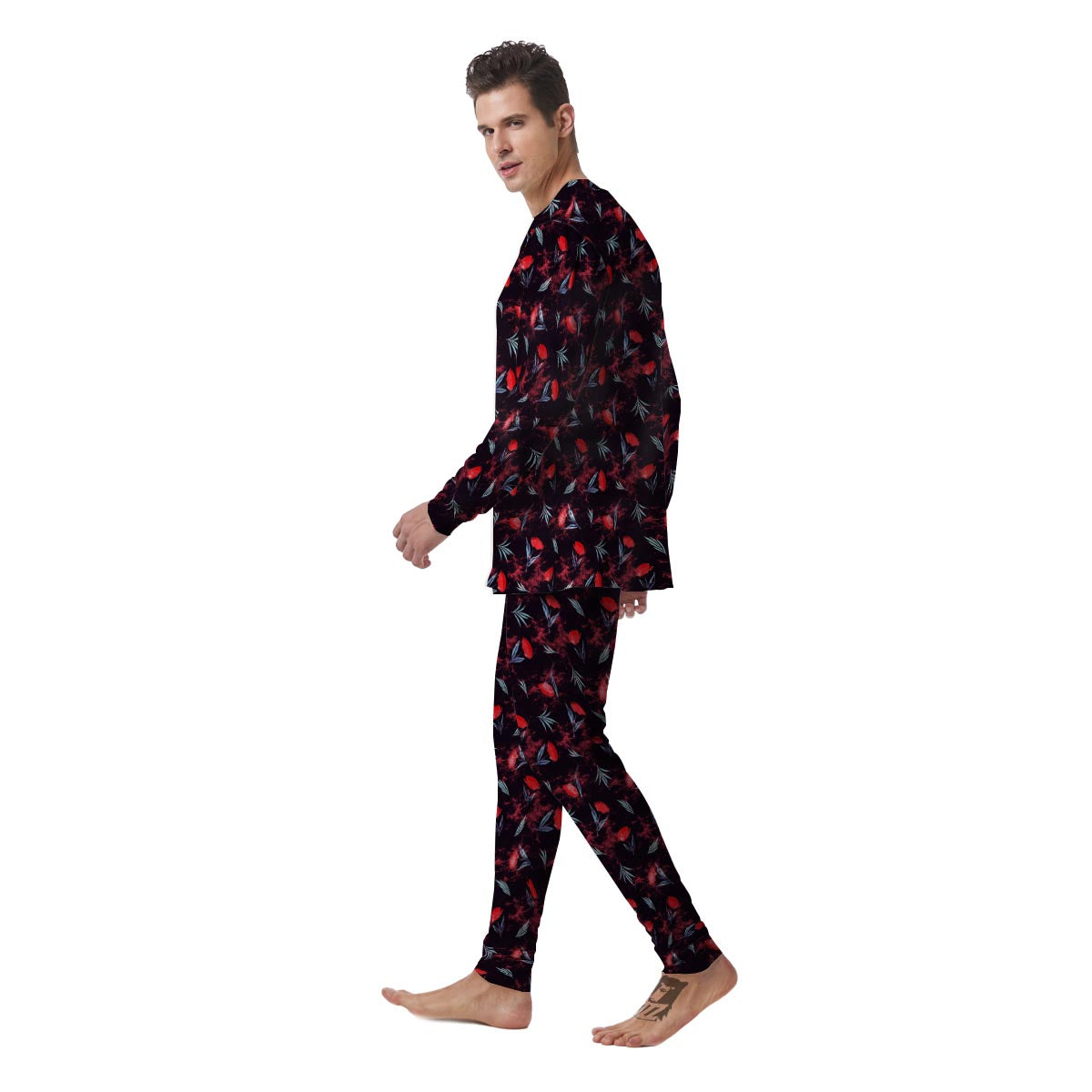 Carnation Black And Red Print Pattern Men's Pajamas-grizzshop