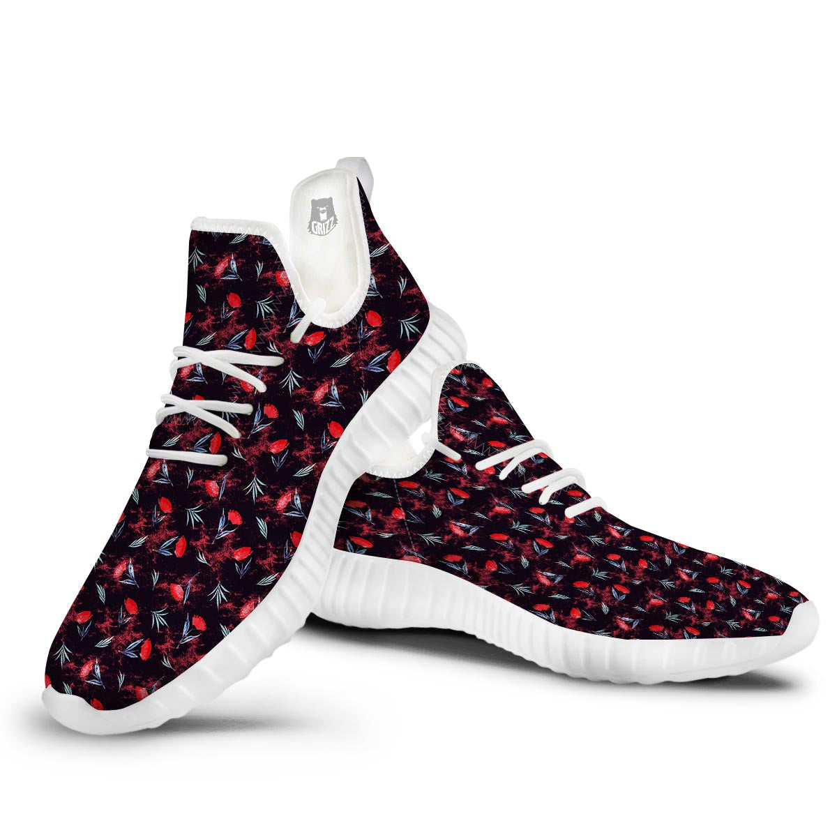 Carnation Black And Red Print Pattern White Walking Shoes-grizzshop