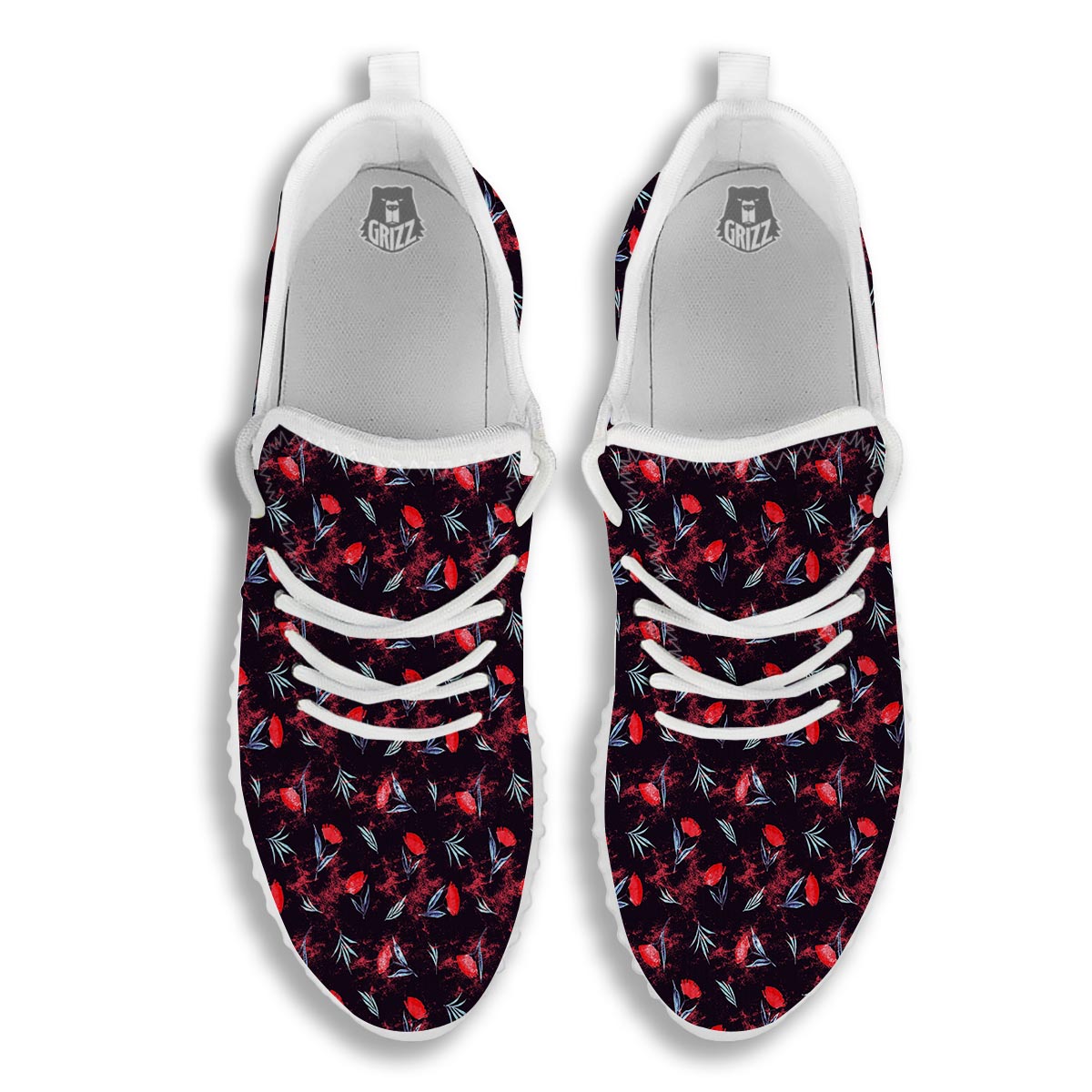 Carnation Black And Red Print Pattern White Walking Shoes-grizzshop