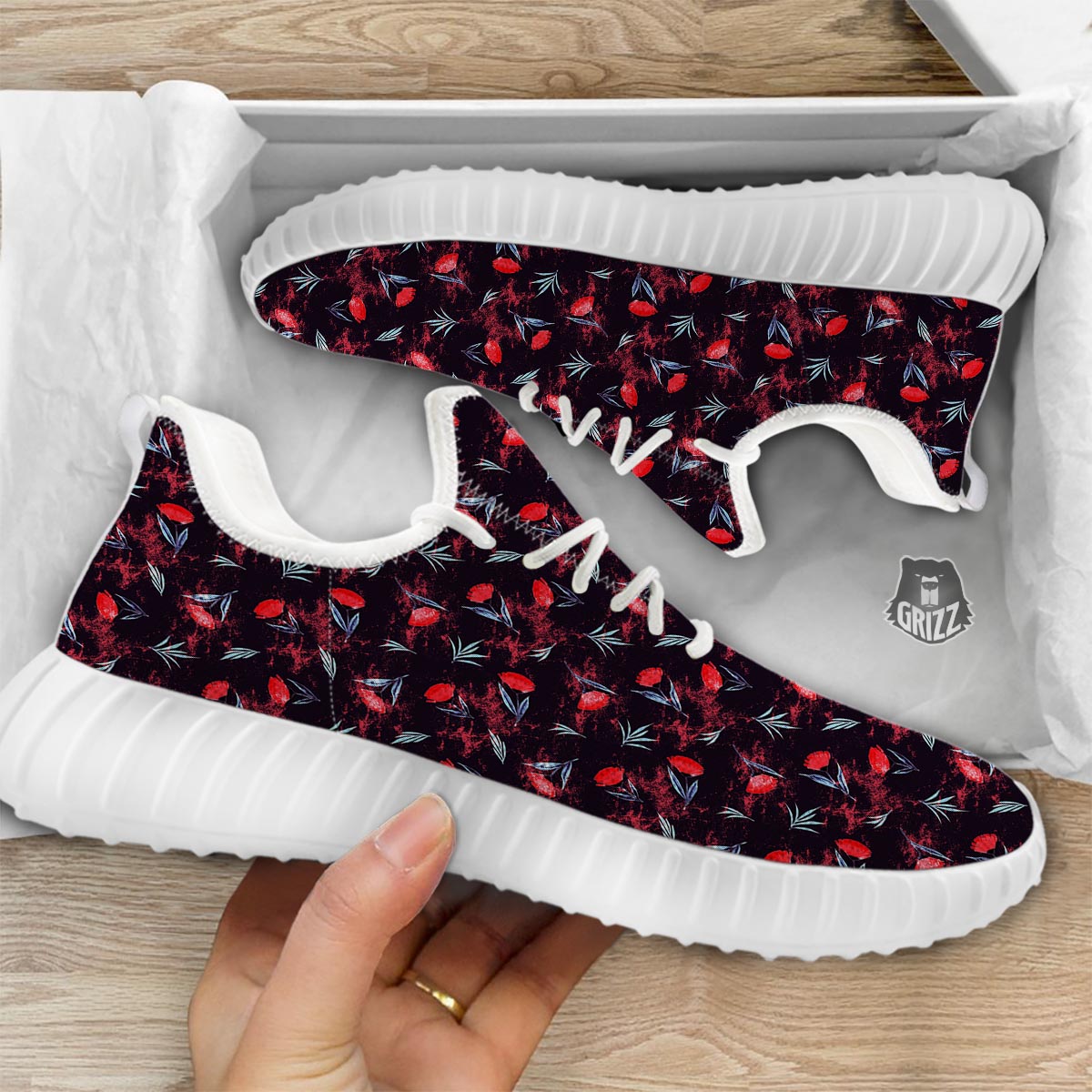 Carnation Black And Red Print Pattern White Walking Shoes-grizzshop