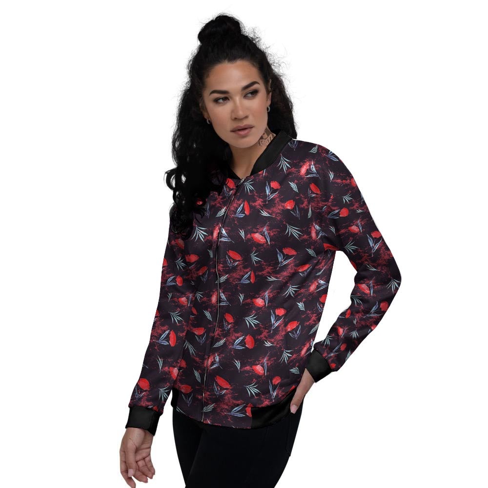 Carnation Black And Red Print Pattern Women's Bomber Jacket-grizzshop
