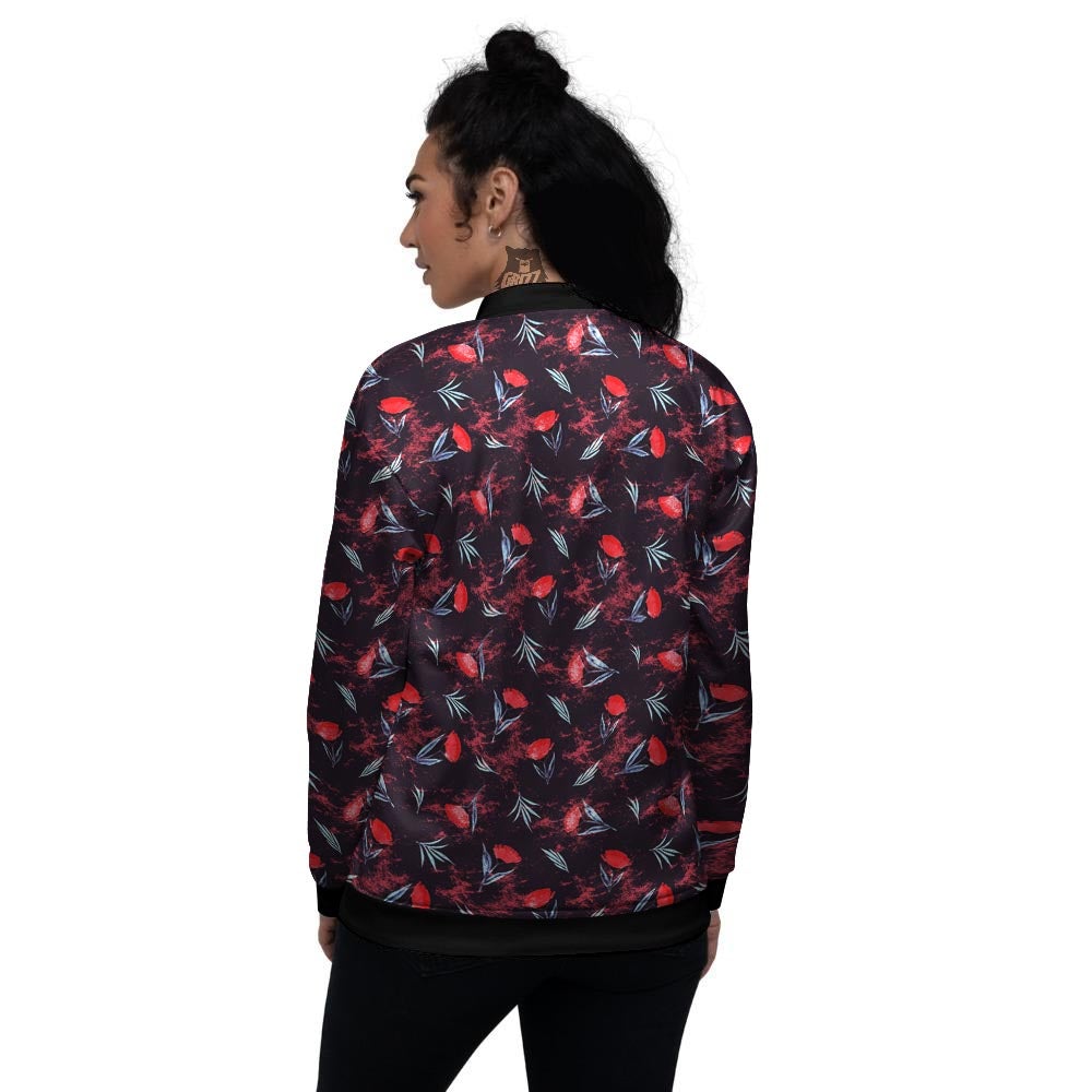 Carnation Black And Red Print Pattern Women's Bomber Jacket-grizzshop