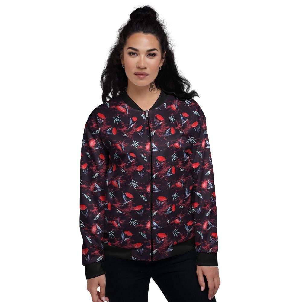 Carnation Black And Red Print Pattern Women's Bomber Jacket-grizzshop