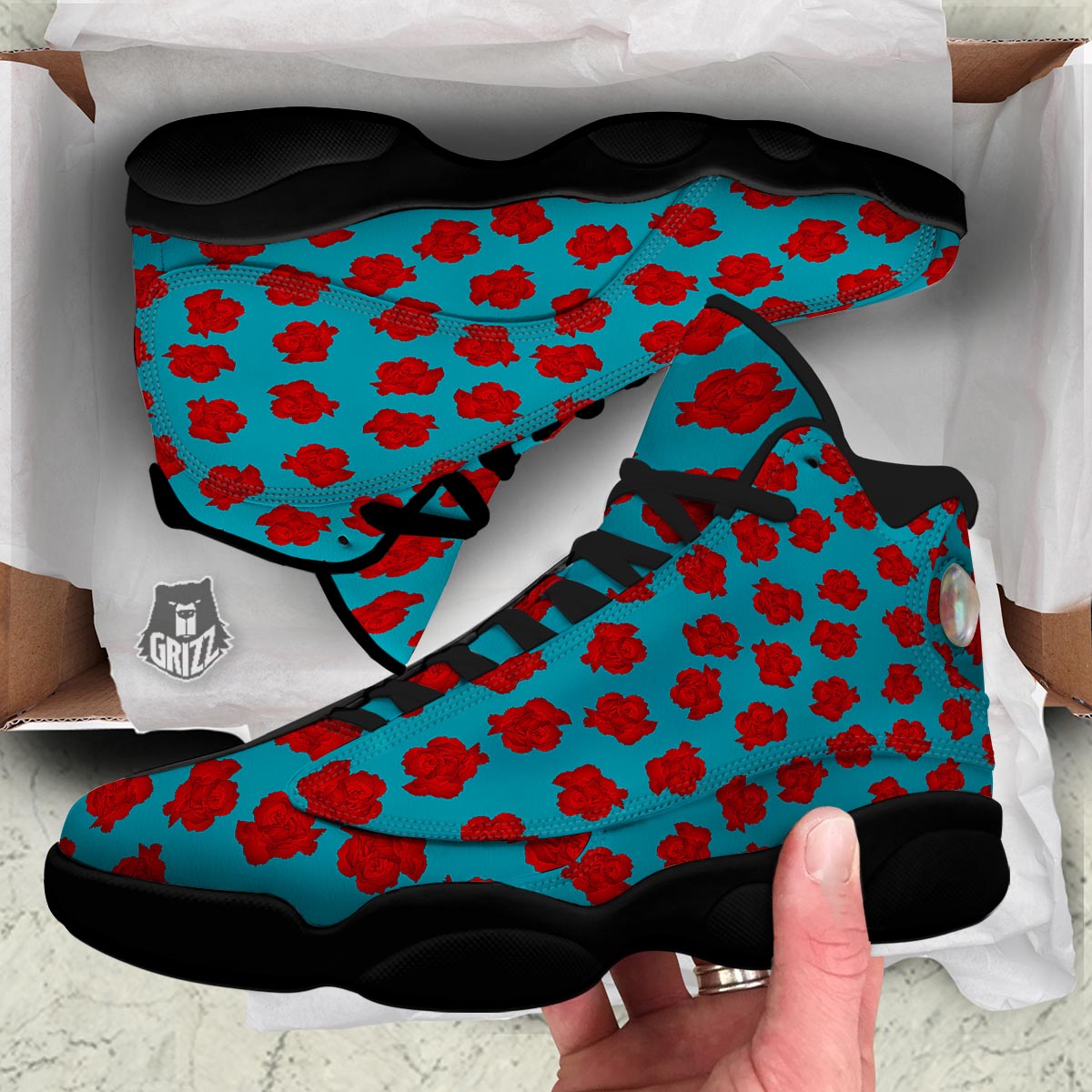 Carnation Blue And Red Print Pattern Black Basketball Shoes-grizzshop