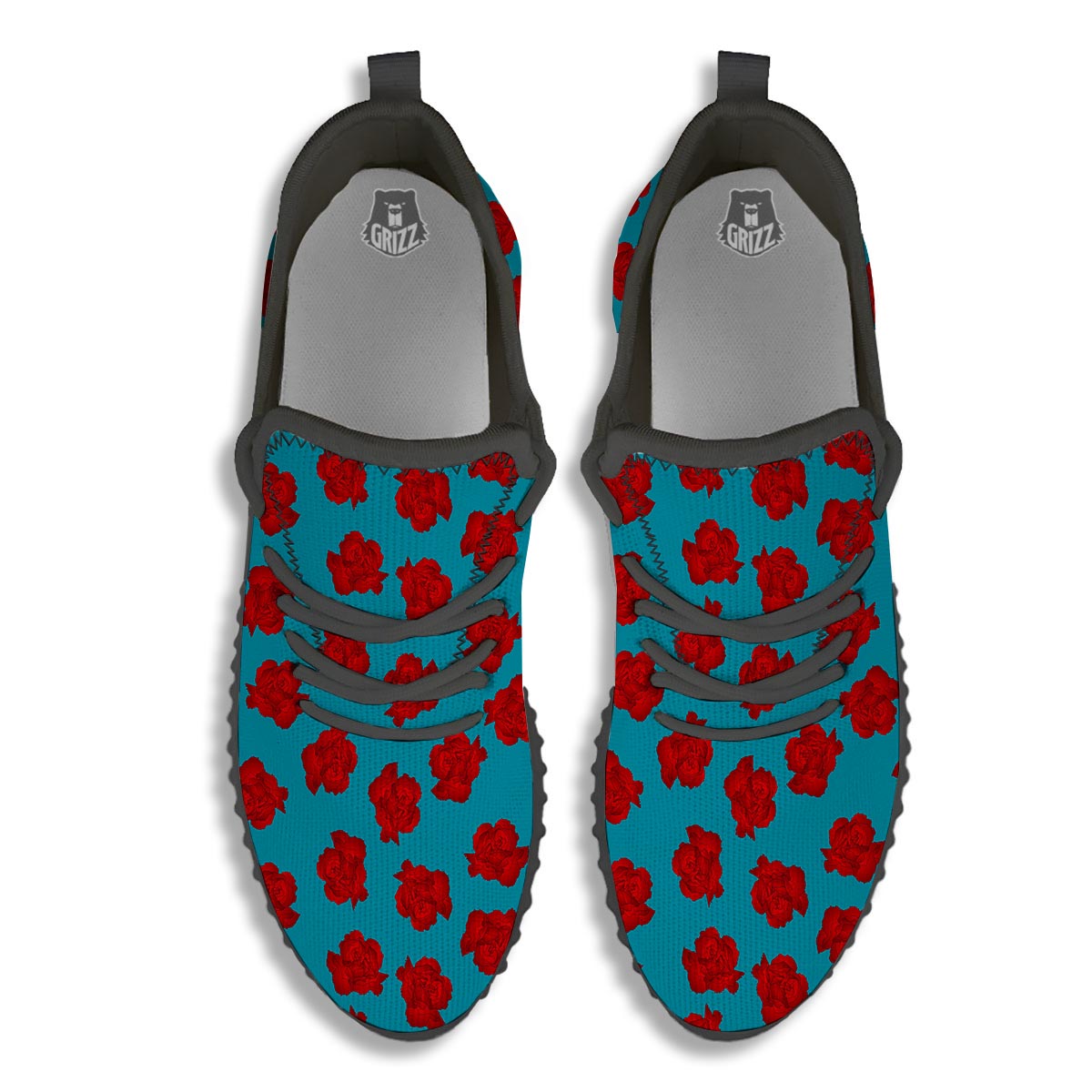 Carnation Blue And Red Print Pattern Black Walking Shoes-grizzshop