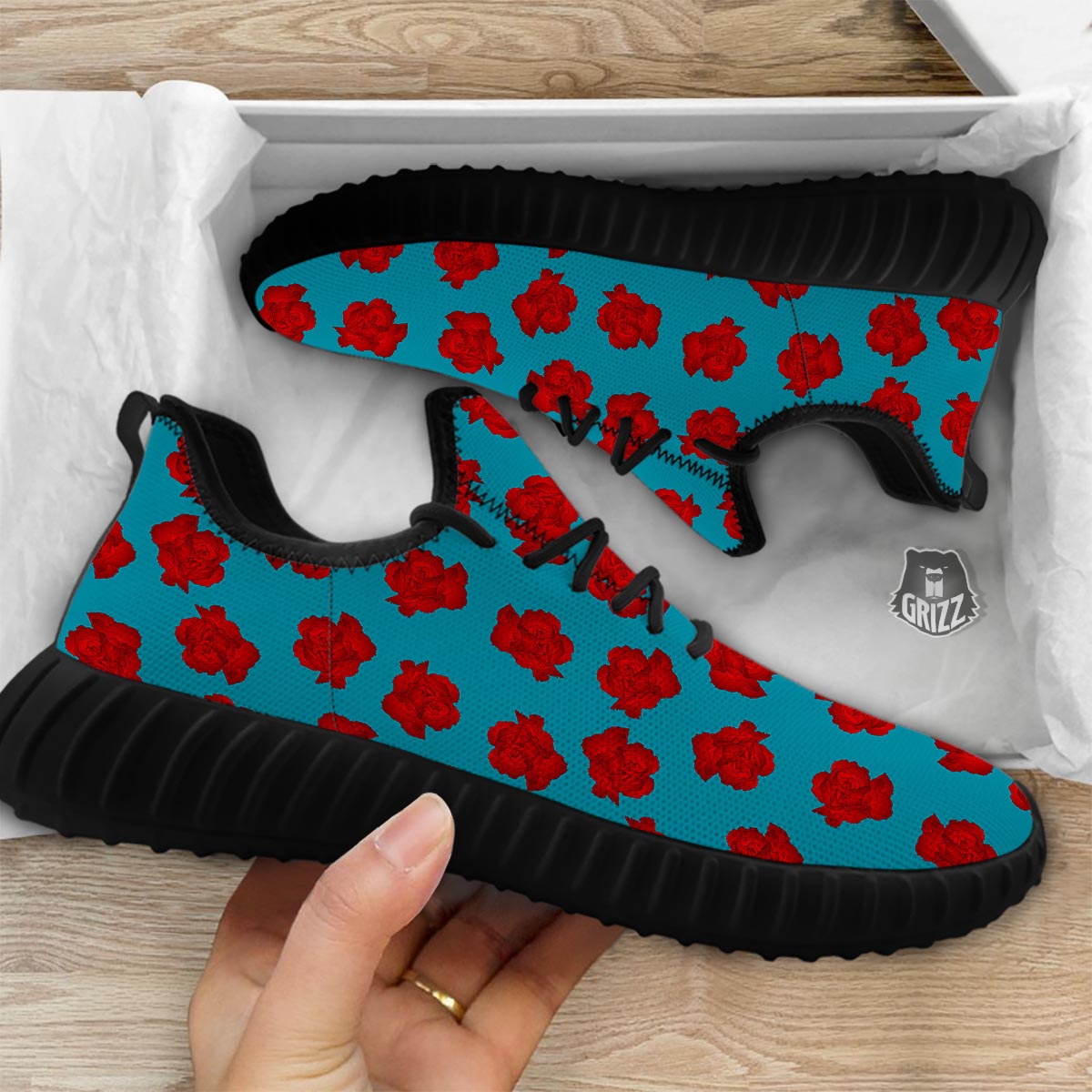 Carnation Blue And Red Print Pattern Black Walking Shoes-grizzshop