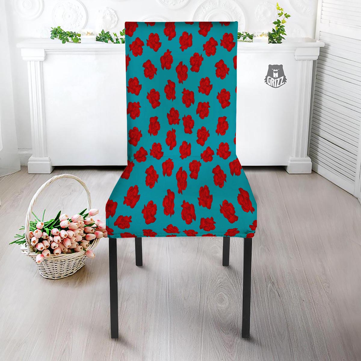 Carnation Blue And Red Print Pattern Dining Chair Slipcover-grizzshop