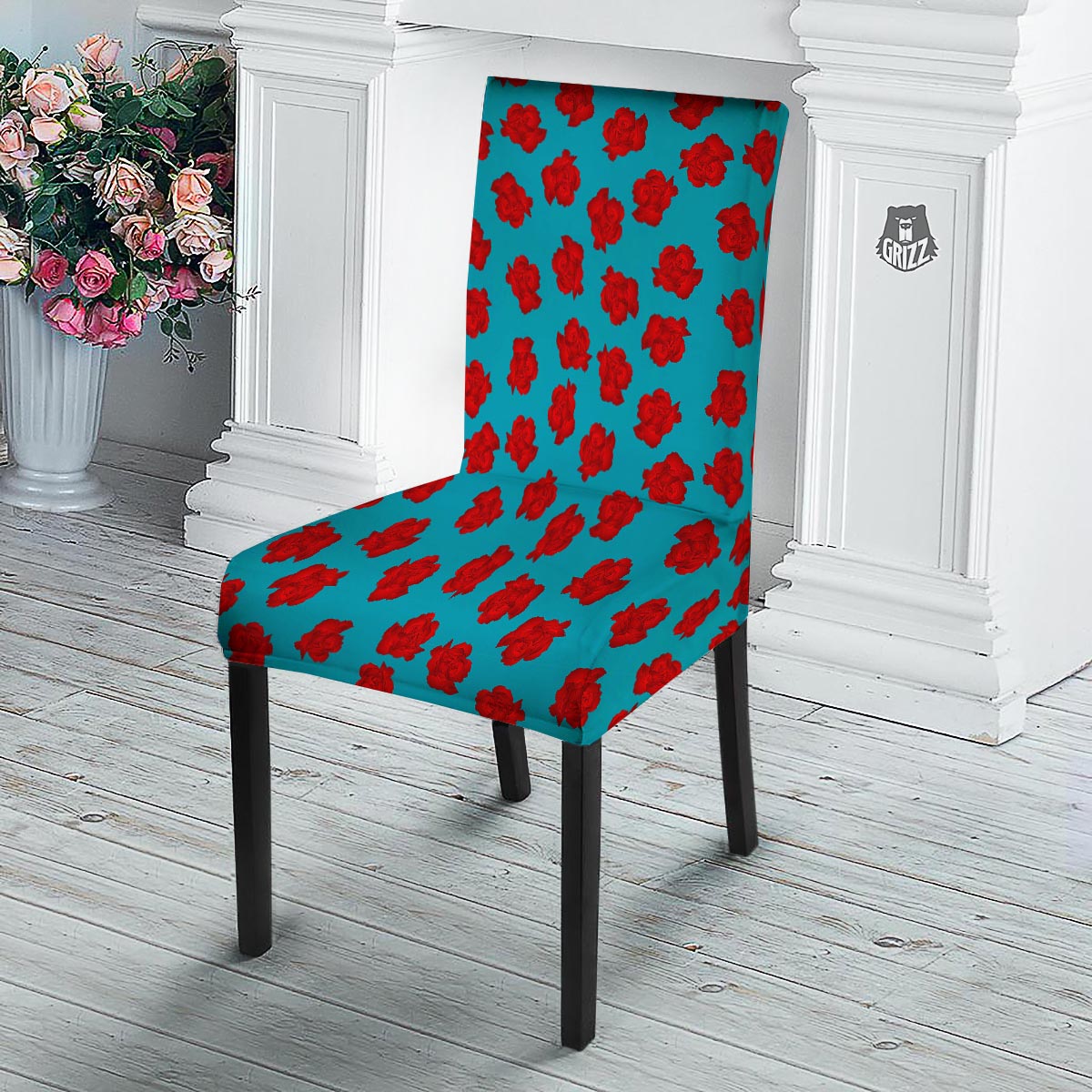 Carnation Blue And Red Print Pattern Dining Chair Slipcover-grizzshop
