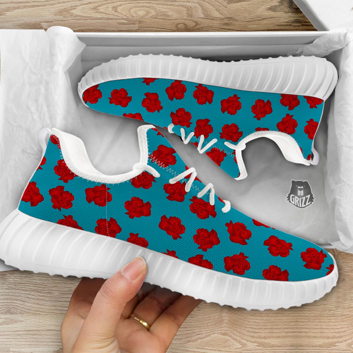 Carnation Blue And Red Print Pattern White Walking Shoes-grizzshop