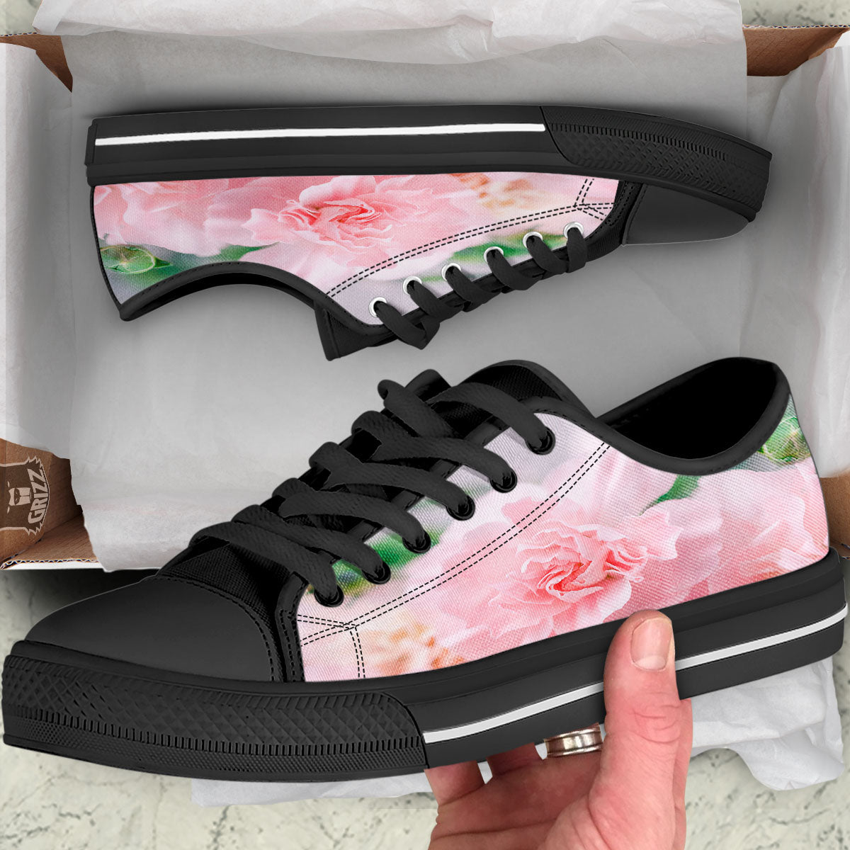 Carnation Flower Pink Print Black Low Top Shoes-grizzshop