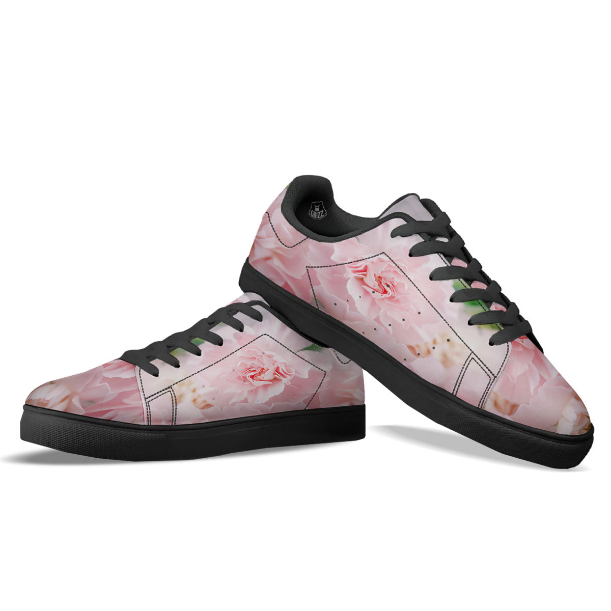 Carnation Flower Pink Print Black Low Top Sneakers-grizzshop