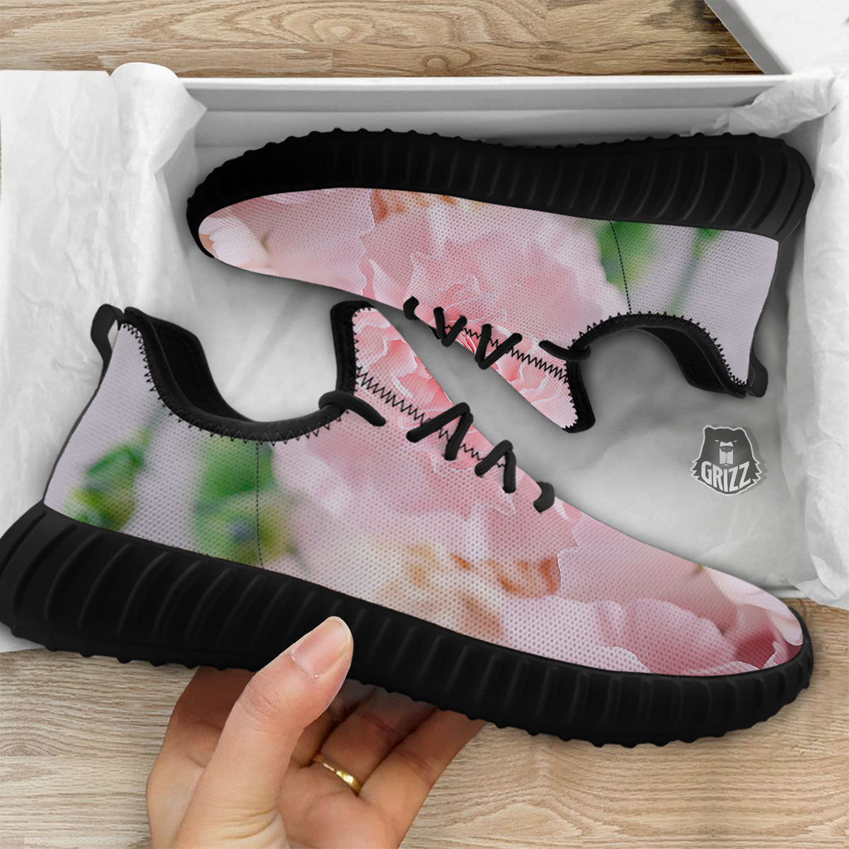 Carnation Flower Pink Print Black Walking Shoes-grizzshop